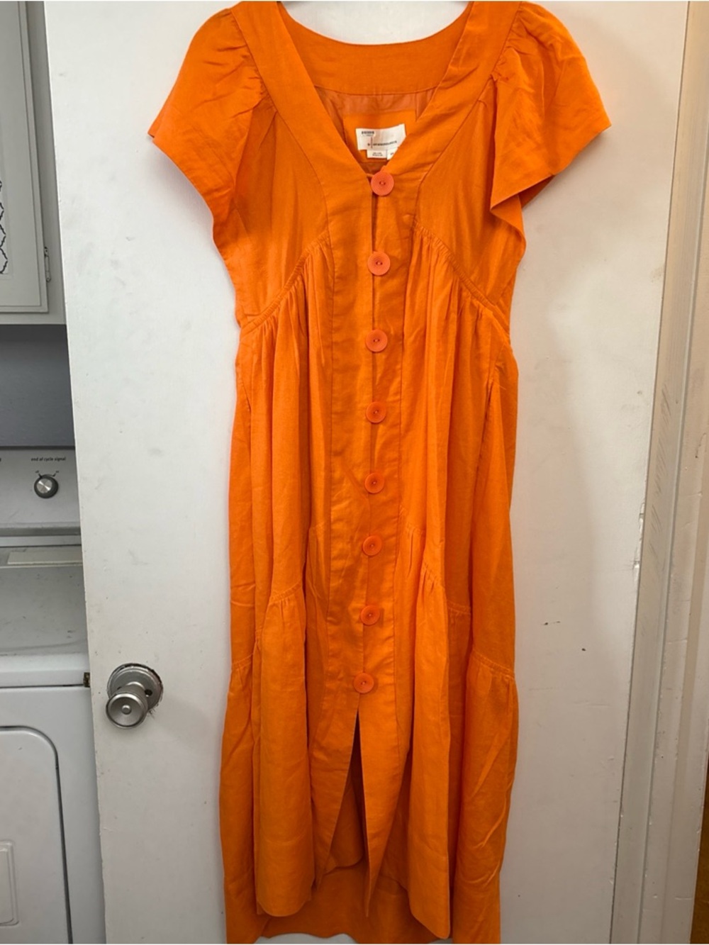 Anthropologie The Renee Linen Midi Orange Dress Button Front Flutter Sleeve S - Picture 2 of 8
